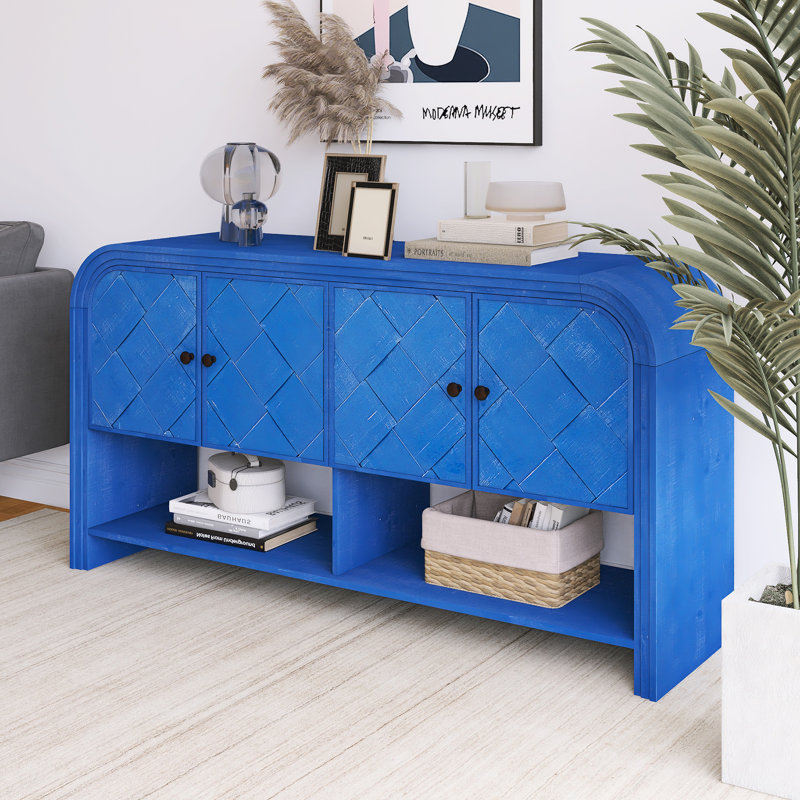 59.80 Inch Wood Sideboard With Woven Wood Slats And Solid Wood Veneer, Navy Blue