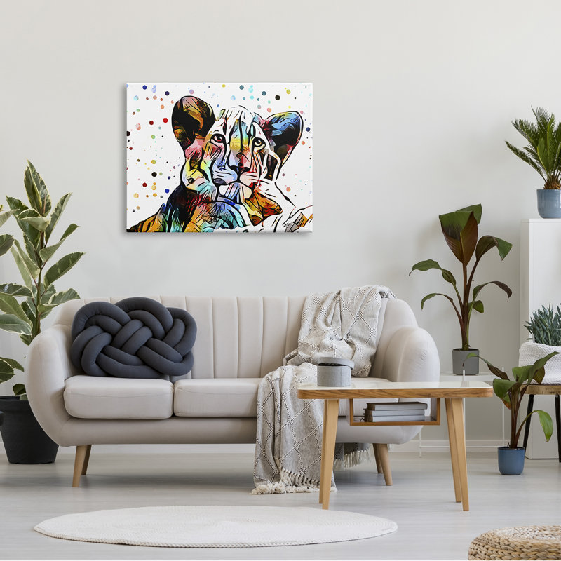 Abstrait lion lion, art mural à pois par Ashley Aldridge, Plaque de bois, H 30 po x l 40 po