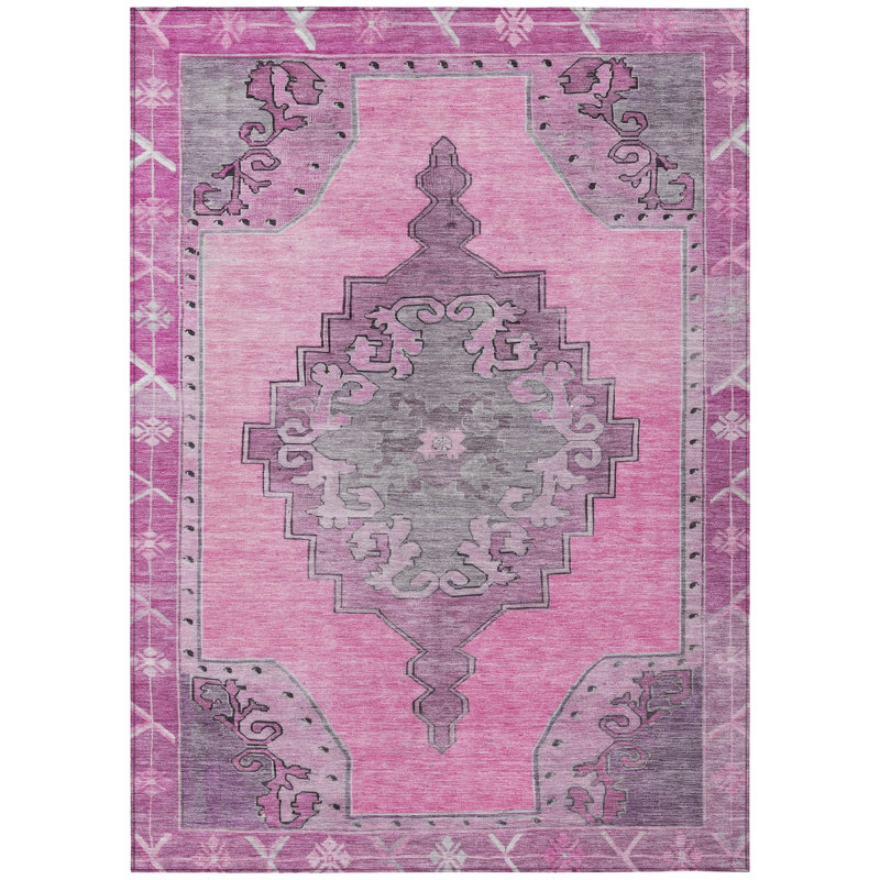 Machine Washable Indoor/Outdoor Xhevrie Pink Rug, Rectangle 9' x 12'