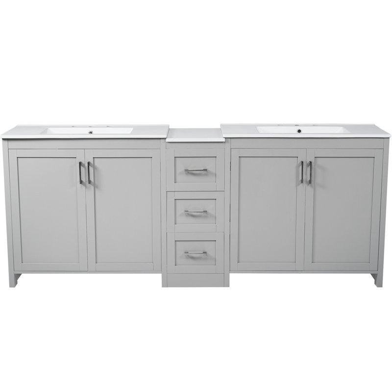 Meuble-lavabo double 84 po gris avec comptoir en quartz, lavabos en céramique, trois tiroirs, espace de rangement réglable et poignées en métal à prise lisse 84 po de couleur, 2 surfaces, 3 tablettes personnalisables