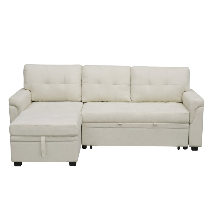 Gadalia L-Shaped Velvet Sleeper Sofa Reversible couch Pull Out Couch with storage chaise, Cream Velvet