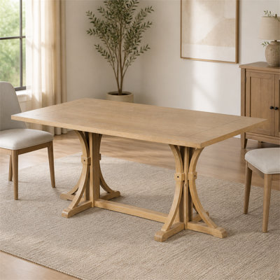 Table de salle à manger Farmhouse, base en tréteaux en bois d'hévéa, pieds courbés