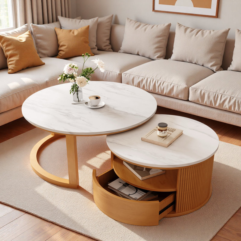 Table basse ronde gigogne avec plateau en marbre blanc, rangement à 2 niveaux et 1 tiroir
