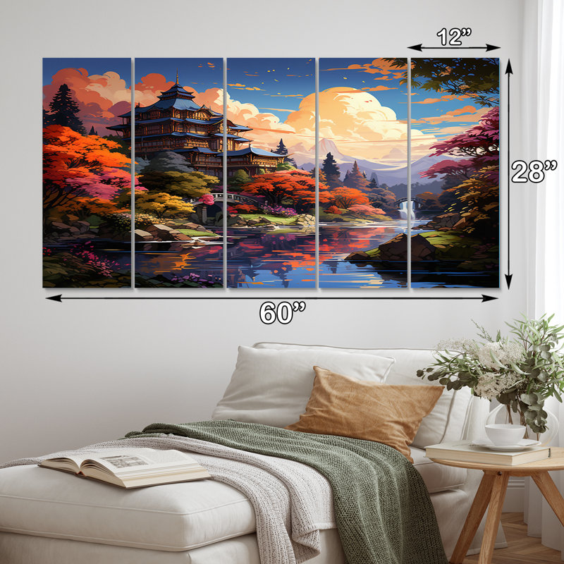 Temple japonais dans un jardin d'automne coloré I - décoration murale Art asiatique - 5 panneaux égaux