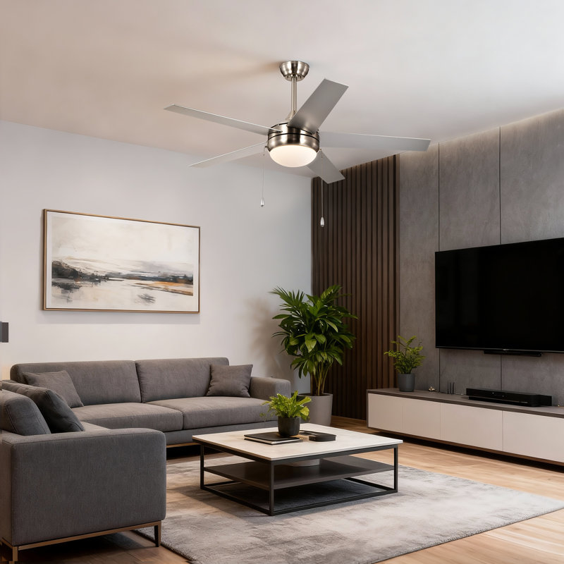 Nickel brossé 52 po Ventilateur de plafond d'intérieur à 5 pales avec chaîne intégrée, Argent argent, Nickel brossé