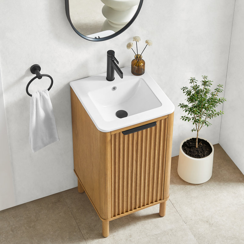 Meuble-lavabo simple 18 po en chêne brun clair Mumbai avec plateau en céramique blanc Mumbai, Chêne brun clair patiné