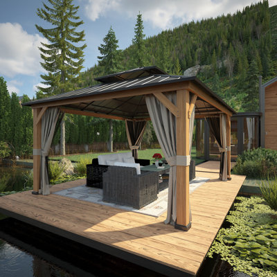 13' x 15' Permanent Solid Wood Patio Gazebo with Netting and Curtains, Outdoor Rustic Hardtop Gazebo 