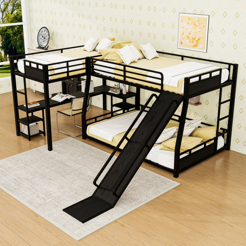 L-Shaped Metal Triple Bunk Bed With Slide, Desk And Storage, Extra Long Twin and Full XL Over Queen