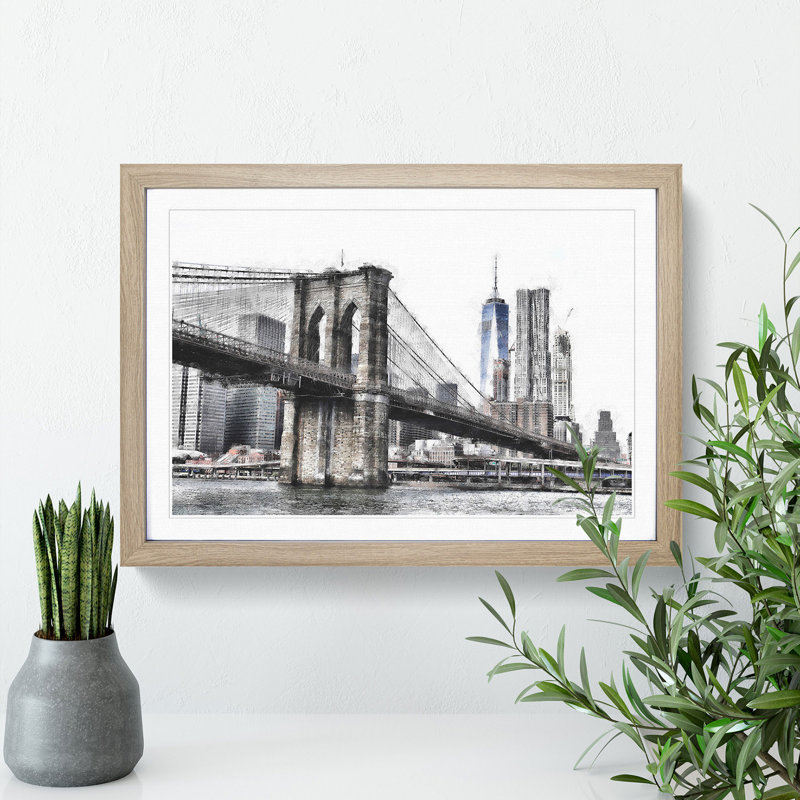 Brooklyn Bridge In New York Painting Framed Print, Oak, 45cm H x 33cm W x 2cm D