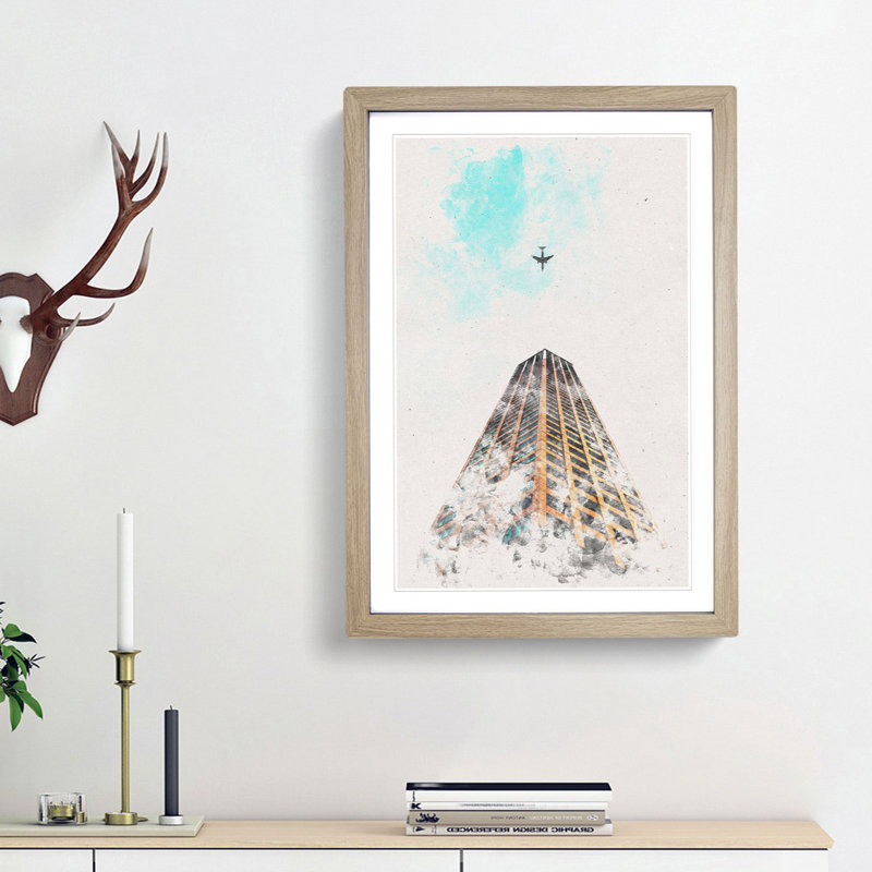 Airplane Flying Above Tokyo Watercolour - Picture Frame Graphic Art, 33cm H x 24cm W x 2cm D, Oak Framed