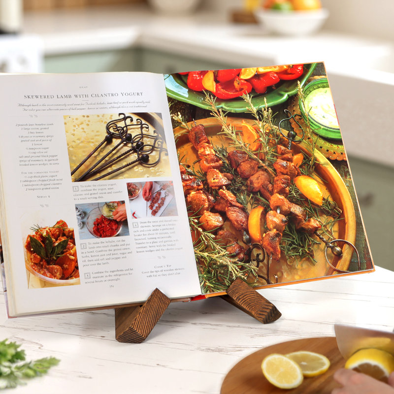 Recipe Book Stand for Kitchen, Wooden Cookbook Holder for Display Stand, Farmhouse Cookbook Stand for Reading Hands Free, Recipe Holder for Cooking for Counter - Rustic Brown
