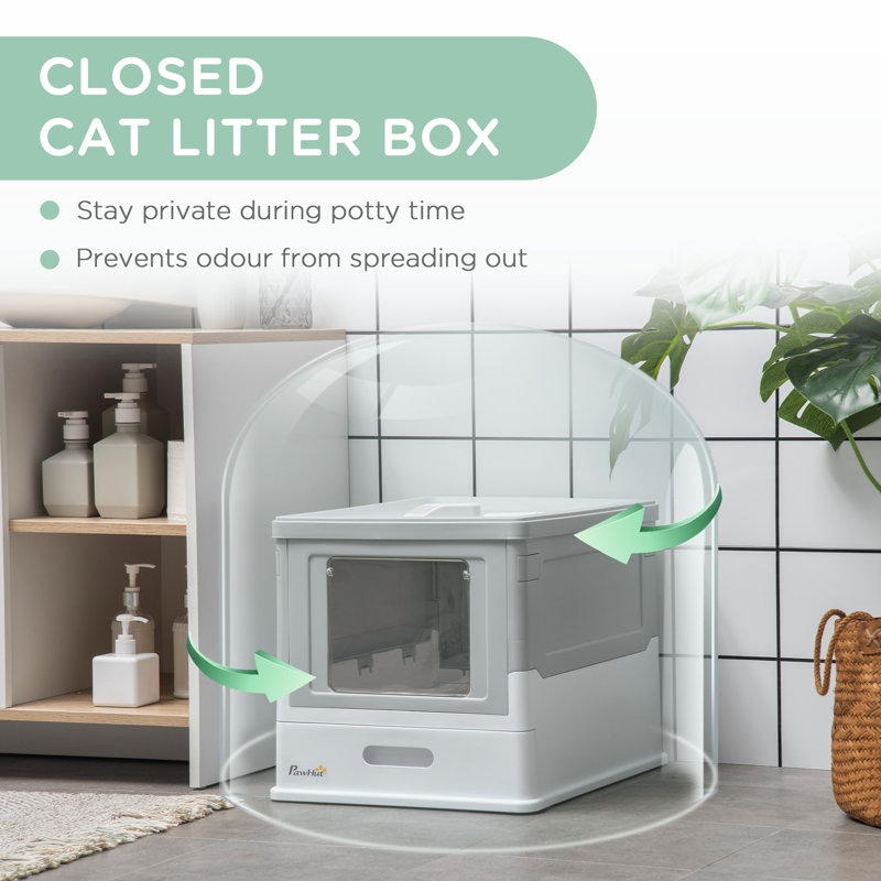 PawHut Fully Enclosed Cat Litter Box with Scoop, Hooded Cat Litter House with Drawer Type Tray, Foldable Smell Proof Cat Potty with Front Entry, Top Exit, Portable Pet Toilet with Large Space, Grey