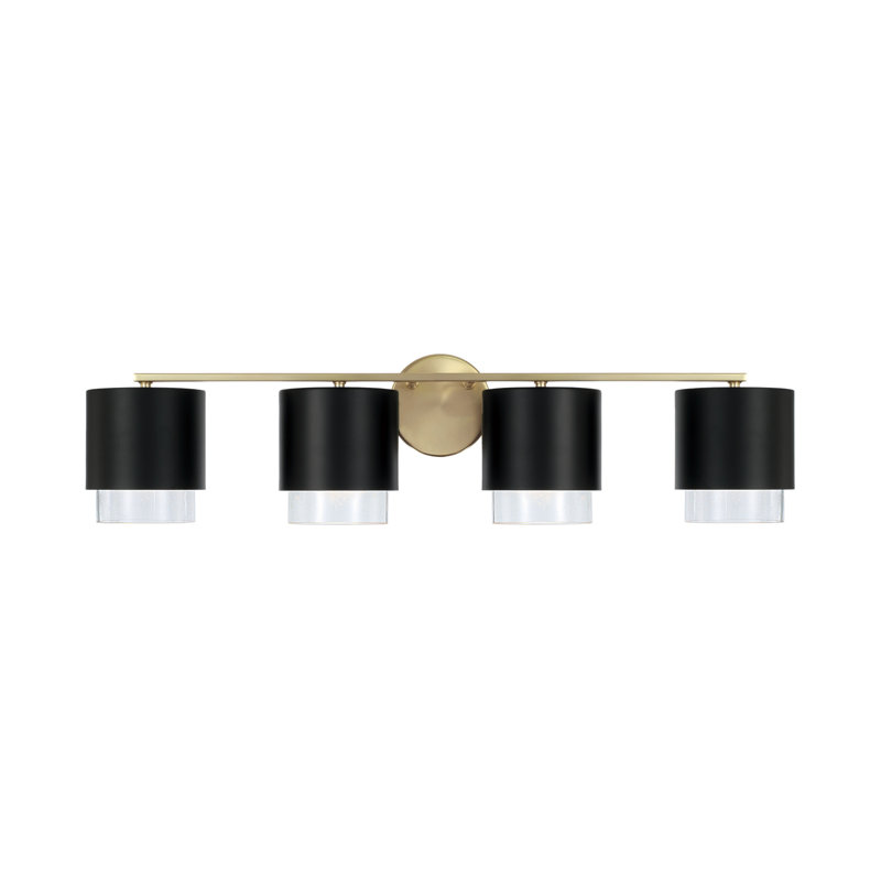 33.50"W x 8.25"H 4-Light Cylindrical Metal Vanity and Seeded Glass, Matte Brass/Black