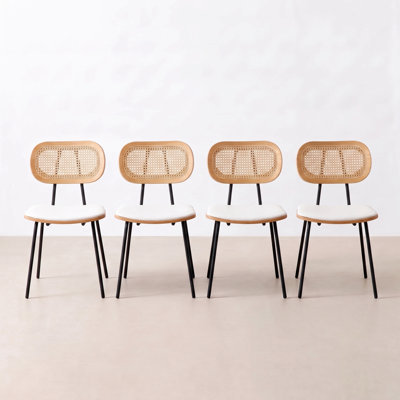 Modern Rattan Dining Chairs Upholstered Faux Leather Dining Room Chairs with Rattan Backrests and Metal Legs Armless Kitchen Chairs for Dining Room