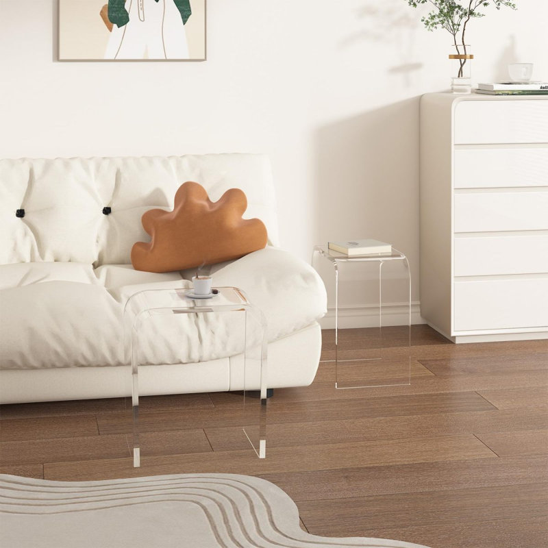 Ensemble de 2 tables de bout en acrylique, table de chevet carrée contemporaine et table d'appoint, table basse Lucite transparente avec bords en cascade pour petit salon, salle de bain, chambre à coucher et bureau