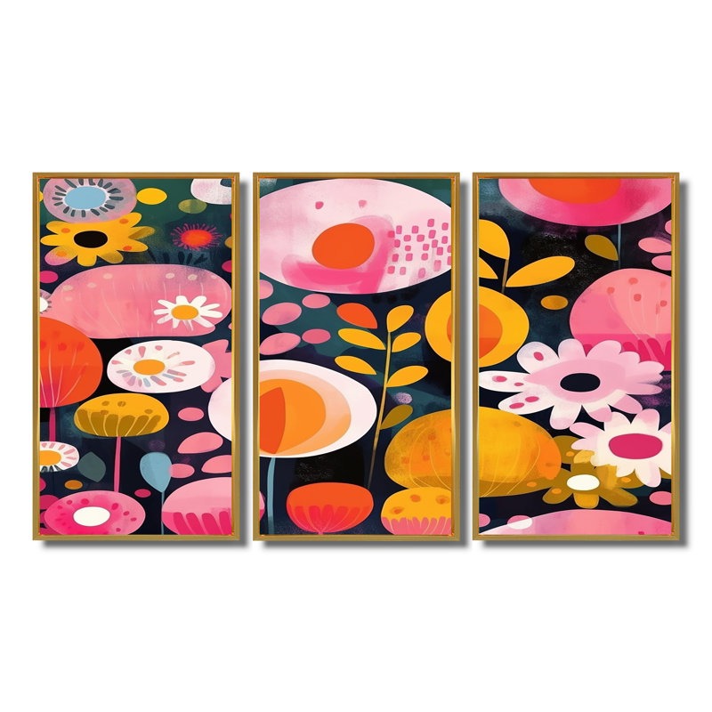 Illustration de fleur rétro ludique - ensemble d'art mural botanique, Cadre flottant doré, H 28 po x l 36 po x P 1 po