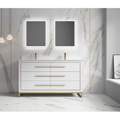 Meuble-lavabo double 60 "avec quincaillerie or brossé Genai