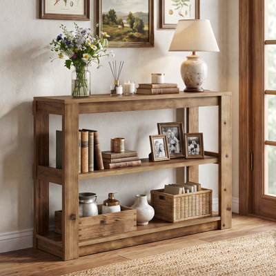 Console de 41,33 po en bois massif avec tablettes ouvertes à 3 niveaux, table d'appoint rustique de style campagne moderne, table d'appoint longue pour le salon et le couloir