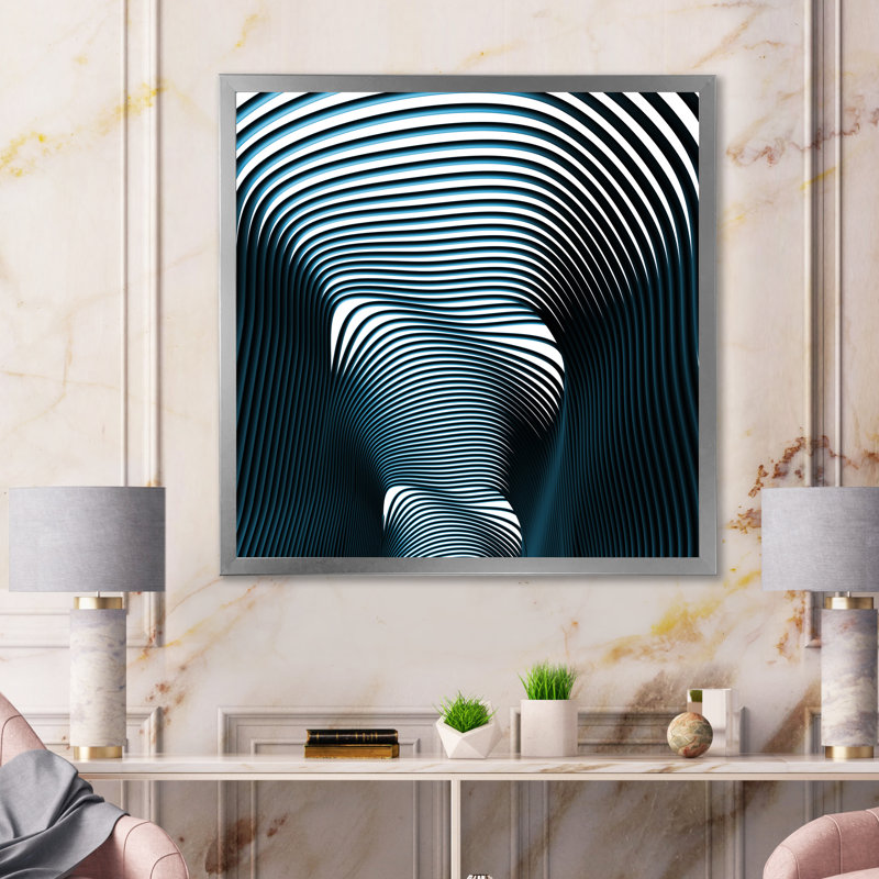Fractal Abstract Tunnel Blue Tunnel - Painting on Canvas, 16" H x 16" W x 1" D, Silver Picture Framed