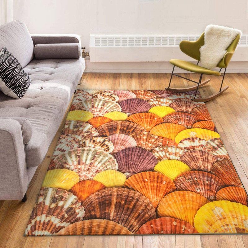 Tapis rectangulaire orange / jaune en polyester tissé à la machine Mccord, Rectangle 4 pi 7 po x 6 pi 7 po