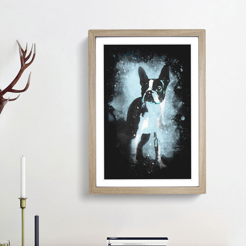 Boston Terrier Dog - Single Picture Frame Painting on MDF, 33cm H x 24cm W x 2cm D, Oak Framed