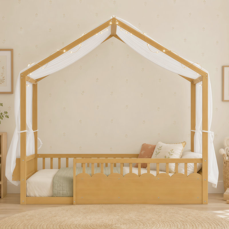 Lit en bois avec baldaquin, garde-corps, bibliothèque et lumière chaude Oliver Montessori, Lit double, Naturel