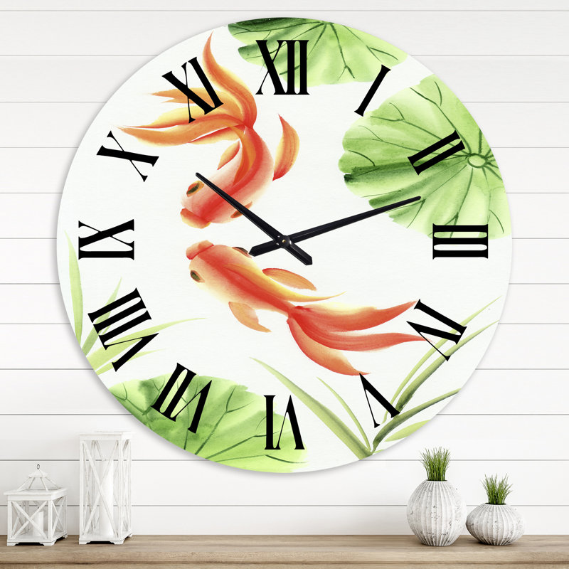 Goldfishes parmi les feuilles de lotus - horloge murale nautique et côtière, Grand