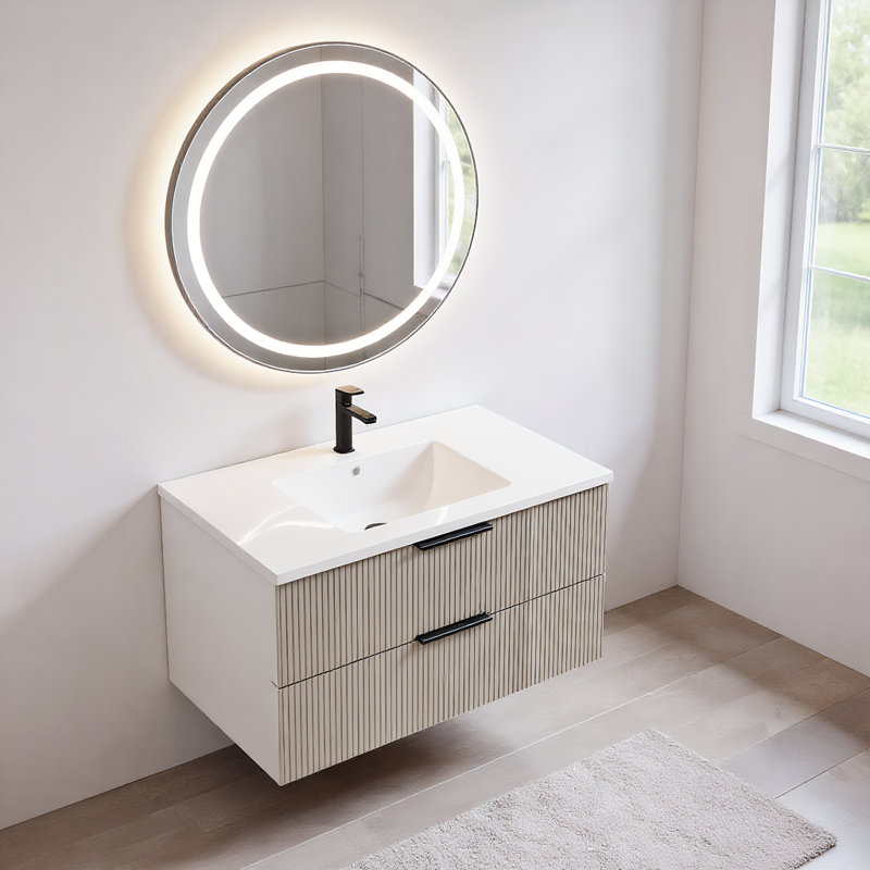Meuble-lavabo flottant avec lavabo et tiroirs en céramique, Gris antique, 36"