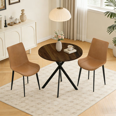31.5 Inch Dining Table And Chairs For 2, Mid Century Modern Round Table Set, Space Saving For Apartment Kitchen Dining Room Walnut Table &2 Brown Chairs