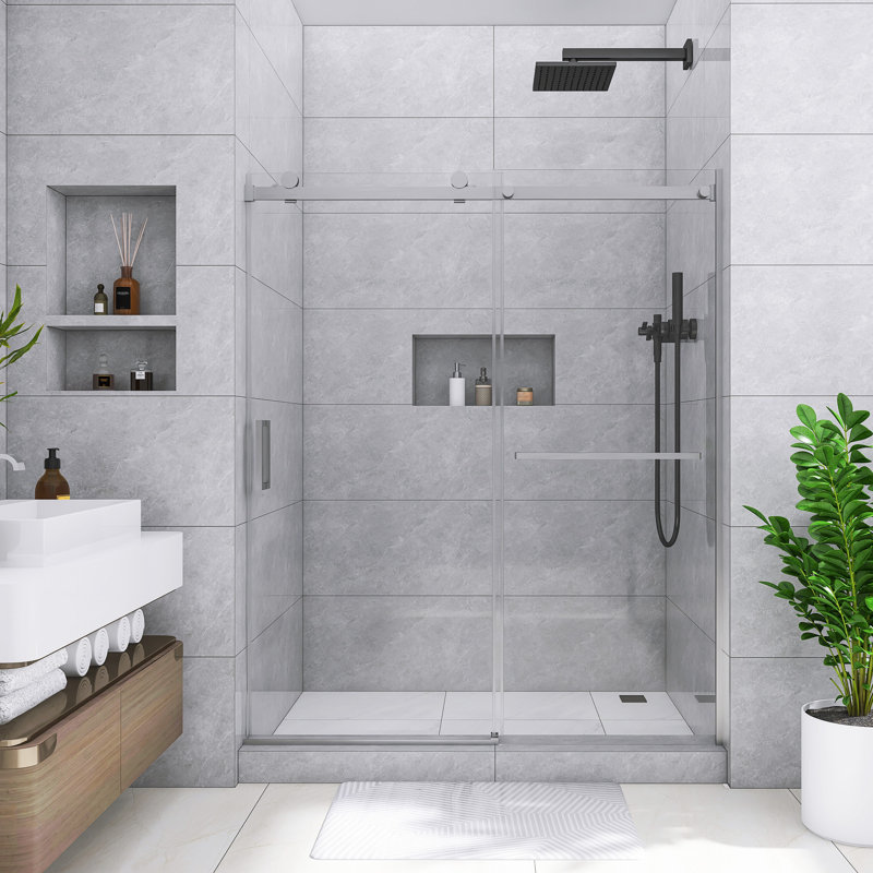 56 à 60 po X P 72 po Porte de douche à cadre coulissant réversible H au fini nickel brossé, Nickel brossé