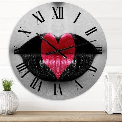 Red Heart In Black and White Lips - Modern wall clock
