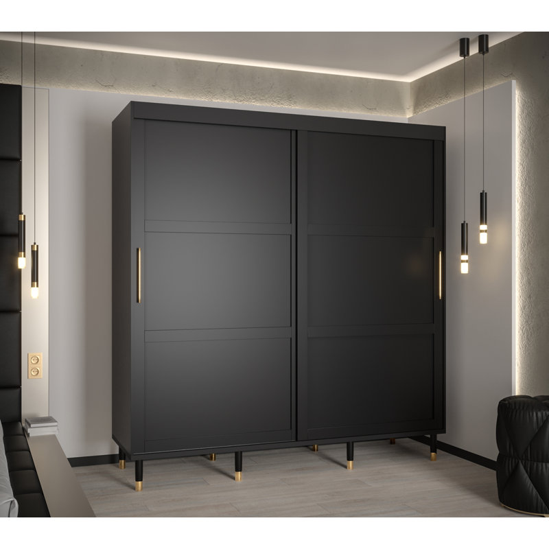 Anslee 2 Door Manufactured Wood Wardrobe, Black Matt, 208cm H x 200cm W x 62cm D