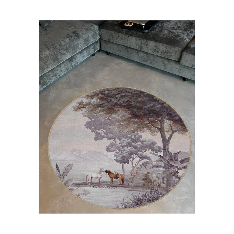 Tapestry Design Round Gray Beige Detailed Decorative Carpet, Round 3'4"