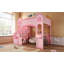 Lit mezzanine en bois pleine grandeur avec escalier de rangement, bureau, fenêtres, tablettes et lumière DEL, rose et rose clair-133706009
