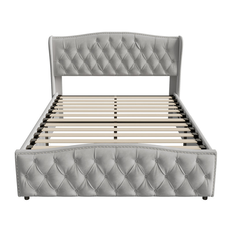 Velvet Ottoman Bed With Tufted Wingback & Nailhead Trim, Storage Bed Frame, European Double & King Size, Grey