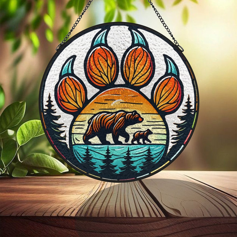 Patte d'ours avec vitrail de famille d'ours Suncatcher pour décoration de fenêtre, 7,8 x 7,8 po (20 x 20 cm)