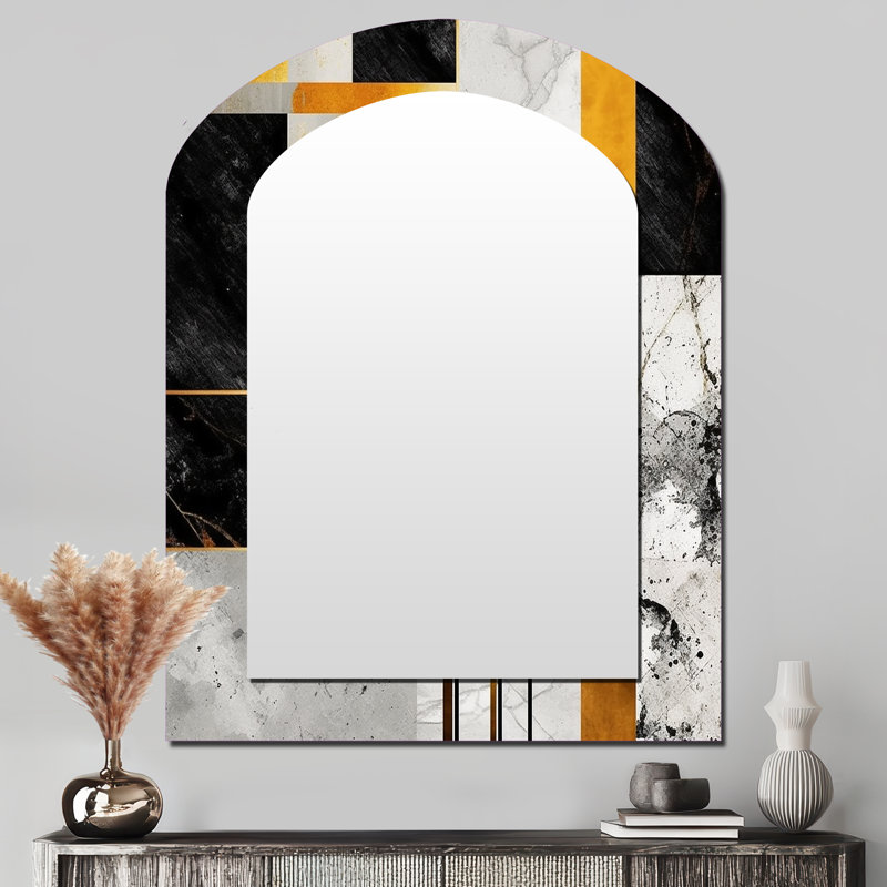 Lebow Marble Granite Agate With Touches Of Gold VII - Geometric Arch Mirror, Grey Asymmetrical Unique Wall Mirror, Printed Metal Art