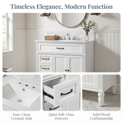 36" Bathroom Vanity with Sink, Solid Acacia Wood Frame & MDF Cabinet, 2 Soft-Close Drawers, Double-Door Cabinet, Ceramic Top, Vintage Design with Gold Handles for Medium Bathrooms