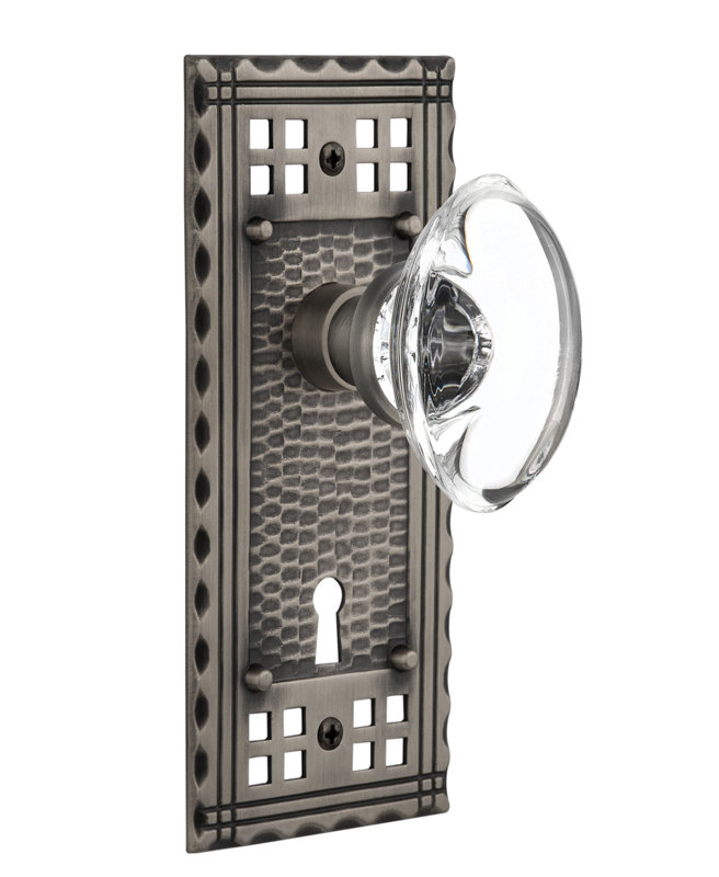 Assiette artisanale avec trou de serrure décoratif et poignée de porte ovale en cristal transparent, 2.75", Étain antique