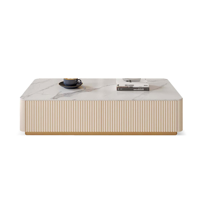 White Crystal-cream Sintered Stone Manufactured Wood Rectangular Coffee Table, 13.78" H x 47.24" L x 23.62" W