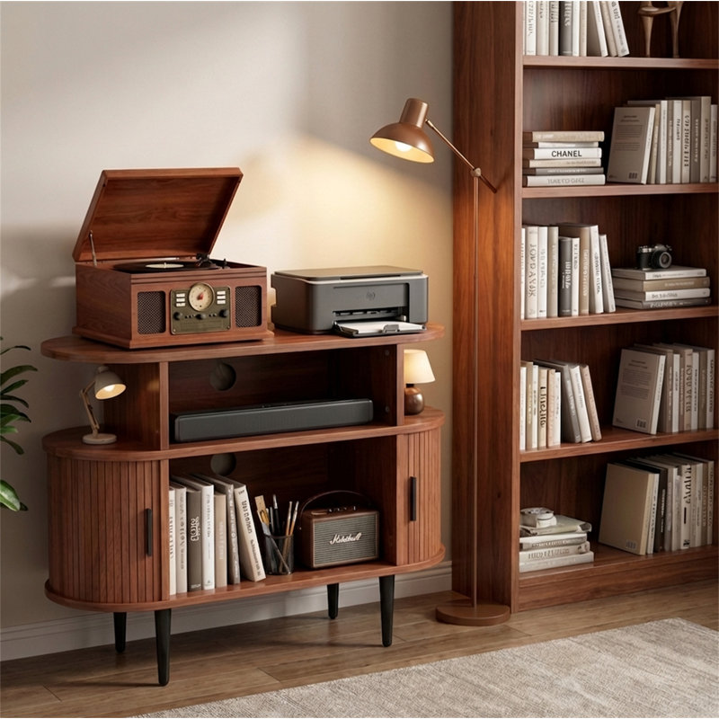 Support pour tourne-disque Mid-Century moderne avec station de charge et ports USB, grande armoire de rangement ronde en vinyle