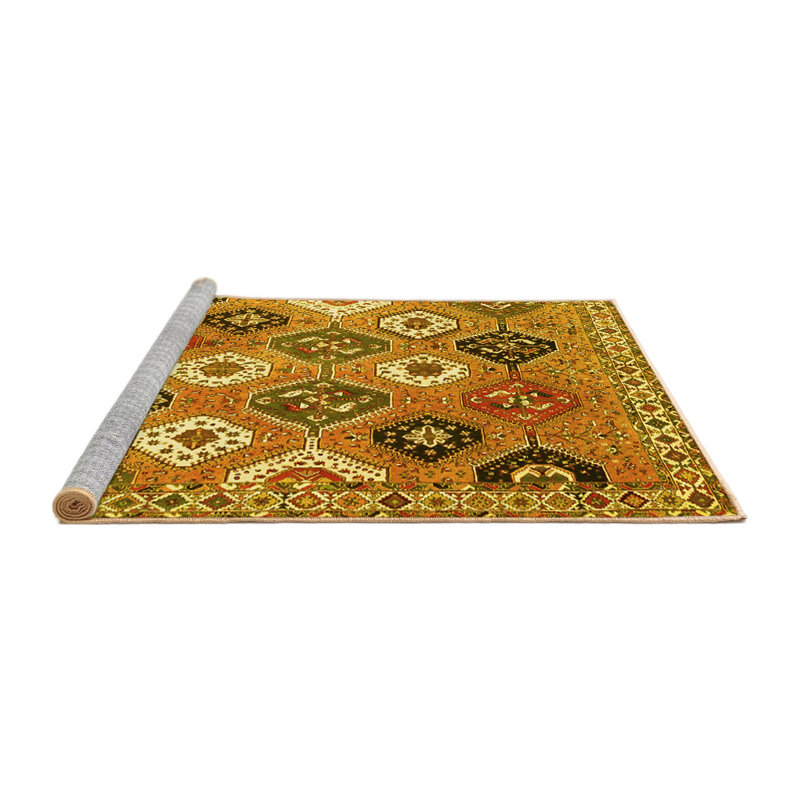 Tapis marocain en polyester / chenille tissé à la machine en ambre / beige / noir, Rond 4 pi