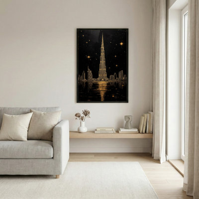 Toile noire encadrée en bois noir pour salon, chambre à coucher, bureau ou vestibule - décoration murale décorative avec horizon doré