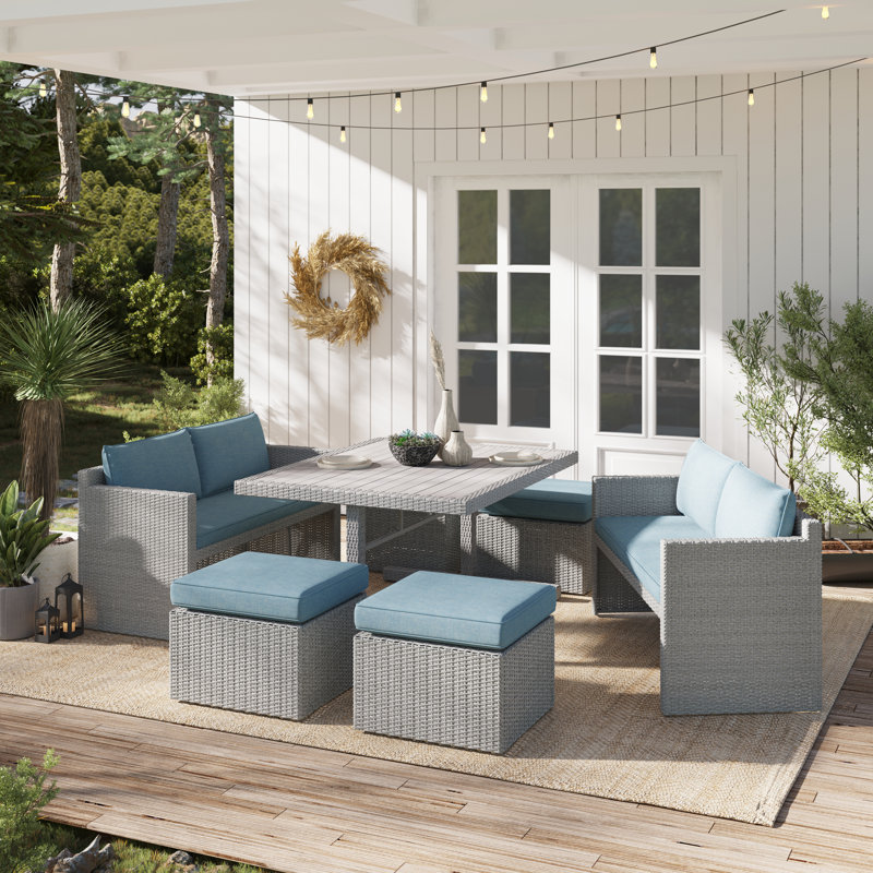 Ensemble repas d'extérieur en aluminium et osier 7 pièces Grose, Structure gris clair / coussin bleu clair