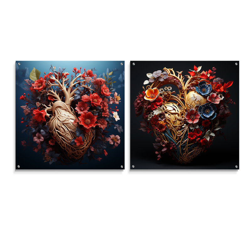 «Heart», Illustration en deux dimensions - Impression sur toile abstraite impressionniste, ensemble de 2, H 16 po x l 33 po