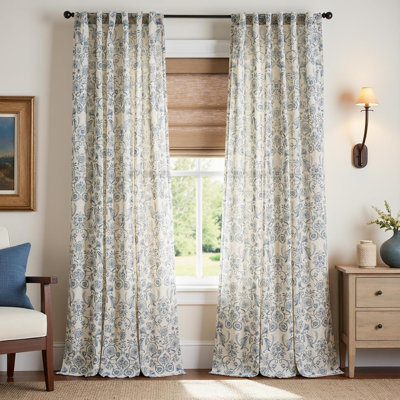 Semi Sheer Linen Blend Farmhouse Vintage Floral Printed Back Tab Curtain Pair