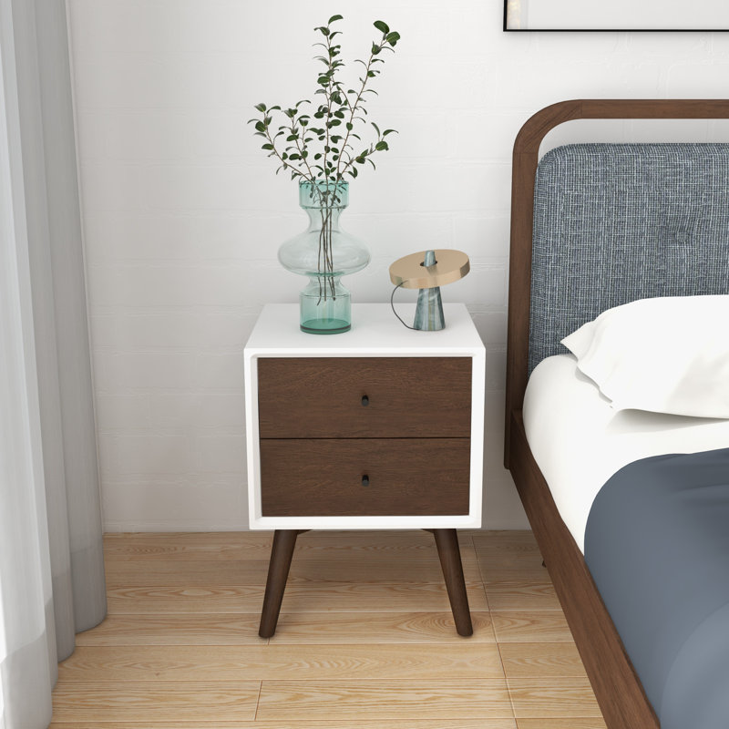 Table de chevet 2 tiroirs Burnside en blanc / brun
