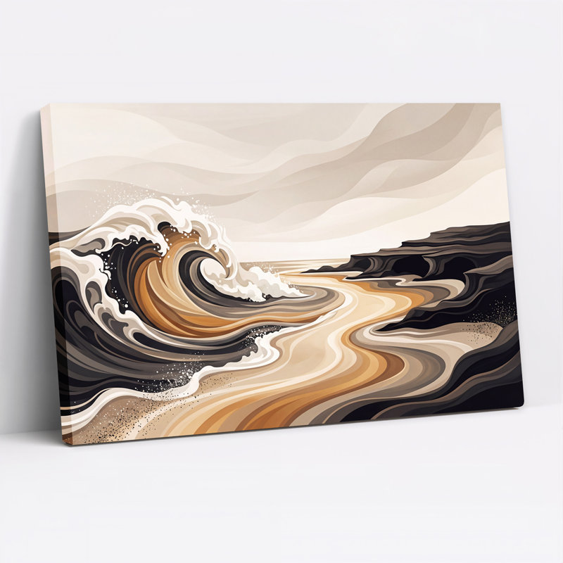 Vague océanique stylisée dans des tons de terre et toile noire, H 20 po x l 30 po