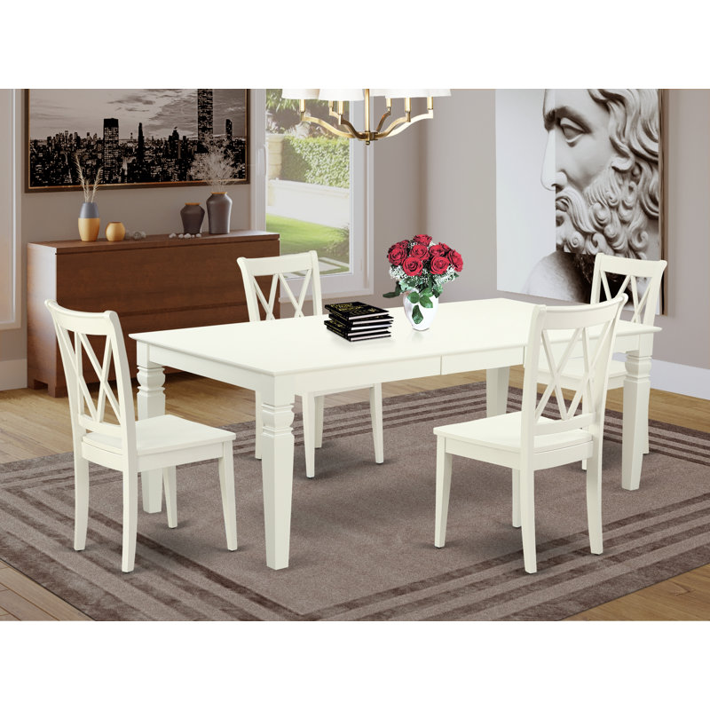 Ensemble de table de salle à manger 5 pièces pour 4 personnes comprenant une table de cuisine rectangulaire avec rallonge papillon et 4 chaises de salle à manger, lin blanc