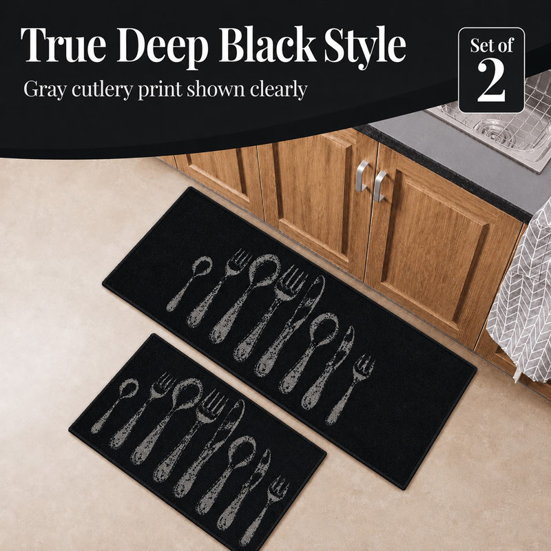 Comfort Chef Kitchen Runner Mats, Cutlery Design, Low-Profile, Universal Fit, 32"/48"L x 20"W, Black